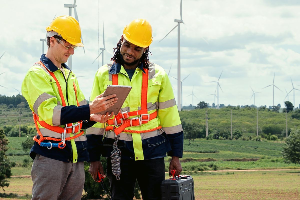 Two engineers reviewing turbine data on a tablet in front of a wind farm