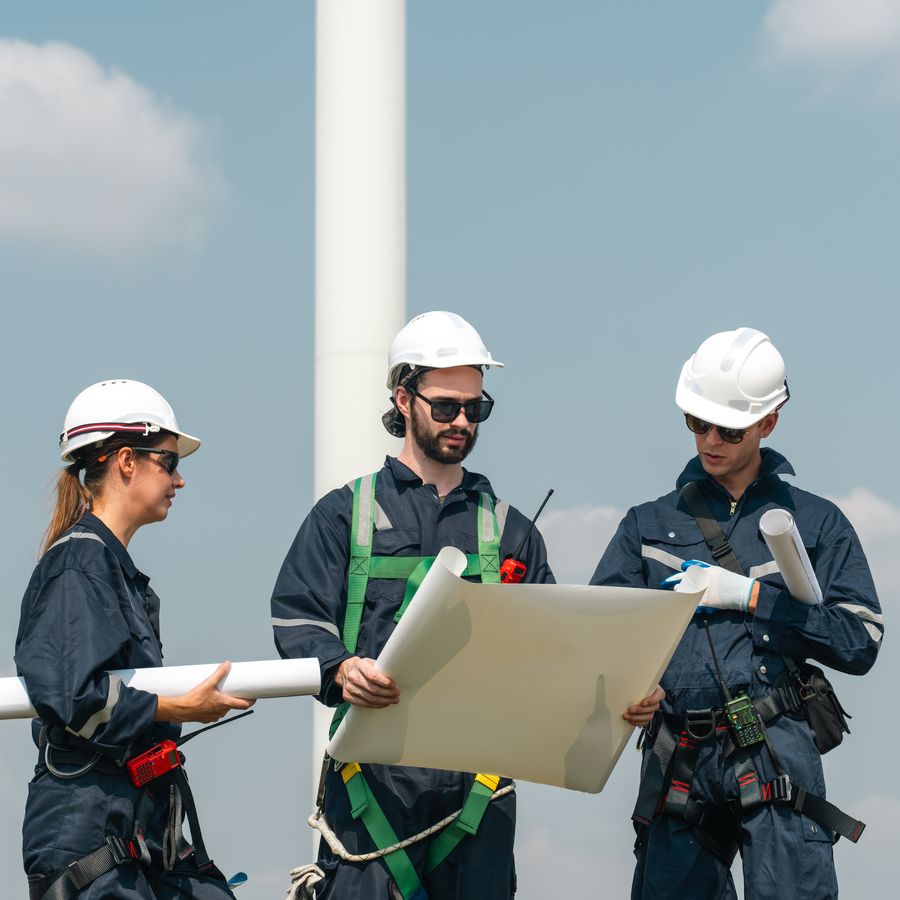 A wind farm team checking drawings and records together on site