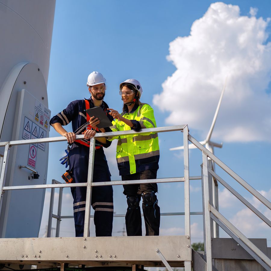Two technicians on a turbine platform, one talking the other through the work